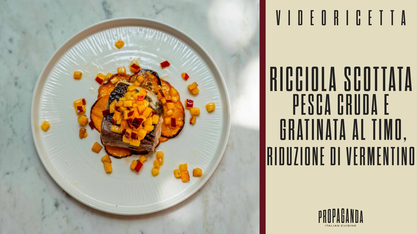 Ricciola Scottata con pesca e riduzione di vermentino